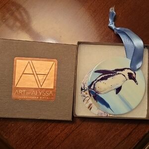 Indpendent Artist - Art By Alyssa Penguin Ornament with Blue Ribbon